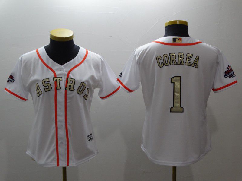 Women Houston Astros 1 Correa White Gold version MLB Jerseys